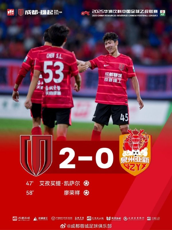 2025中乙职业联赛  第18轮，成都蓉城B队2-0击败泉州