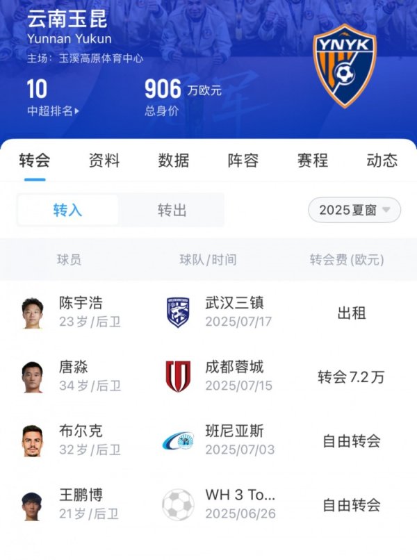 玉昆夏窗汇总：免签罗马尼亚国脚布尔克引进唐淼，两外援撤销报名