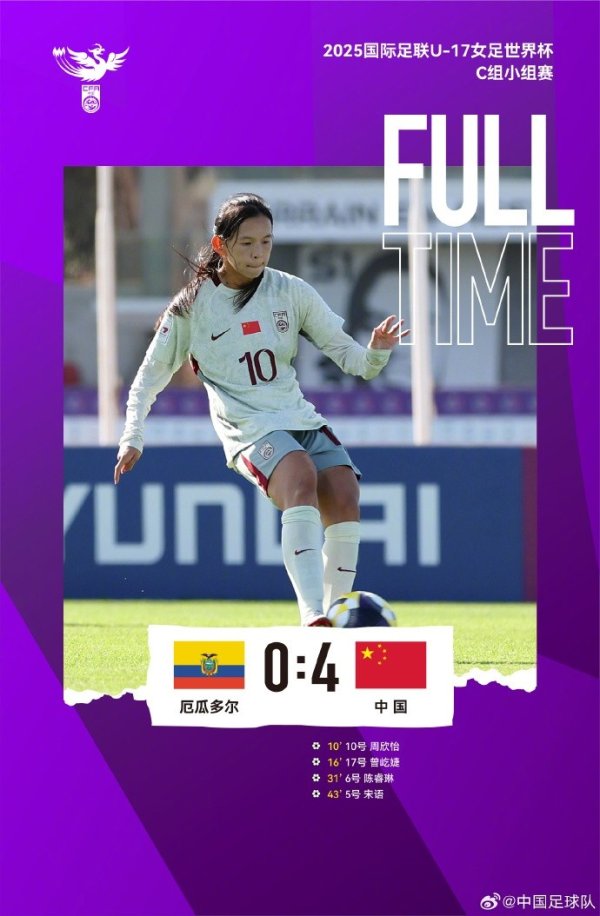 U17女足世界杯赛  C组小组赛，中国4比0厄瓜多尔，小组第