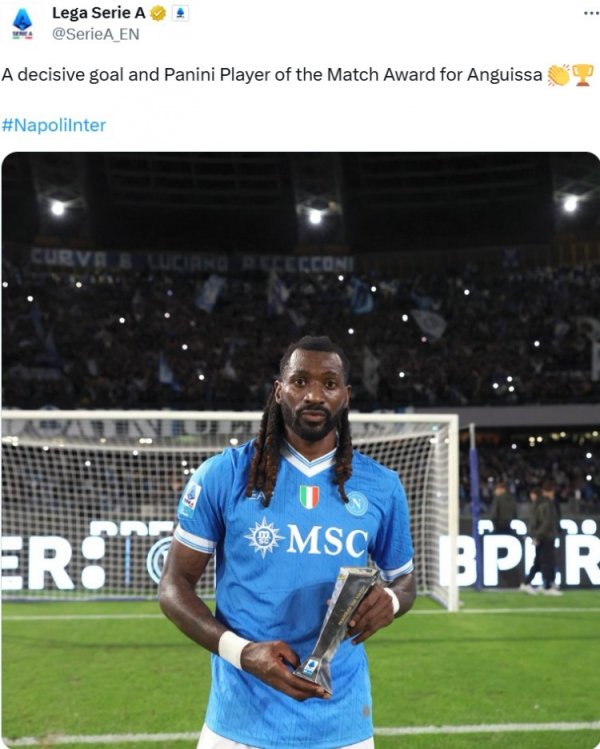 长途奔袭破门，意甲官方：安古伊萨当选那不勒斯3-1国米全场最
