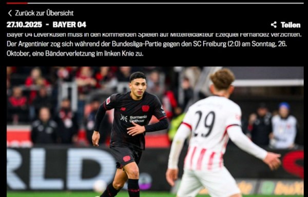 官方：勒沃库森中场球员埃兹奎尔左膝韧带负伤  ，伤缺7到8周